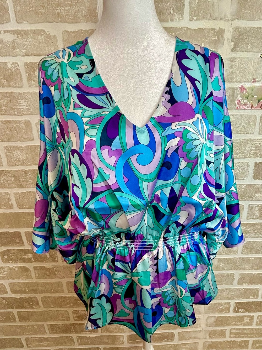 Boston Proper Teal, Purple & Aqua Abstract V-Neck Blouse